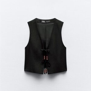 Zara Linen Blend Vest with Beaded Bows